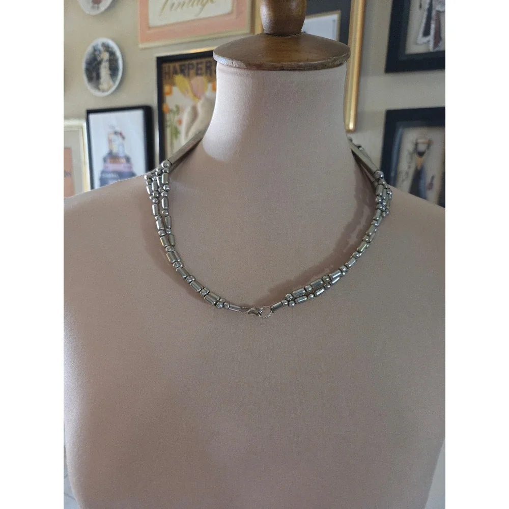 Vintage‎ Multi Strand Bib Statement Necklace Silver Gold Tone Tiered 70s